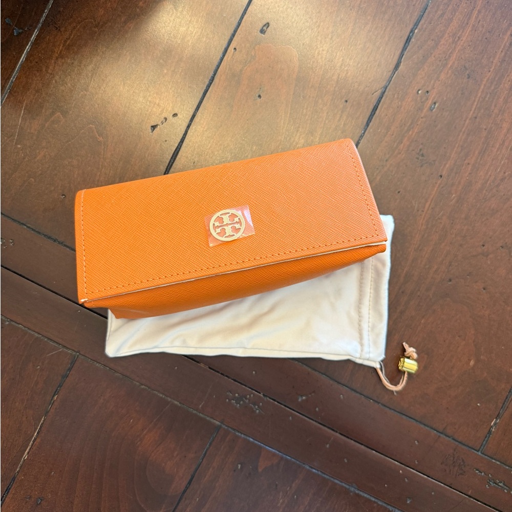 Tory Burch Orange Eyeglass Case with Gold Logo and Authentic Dustbag
